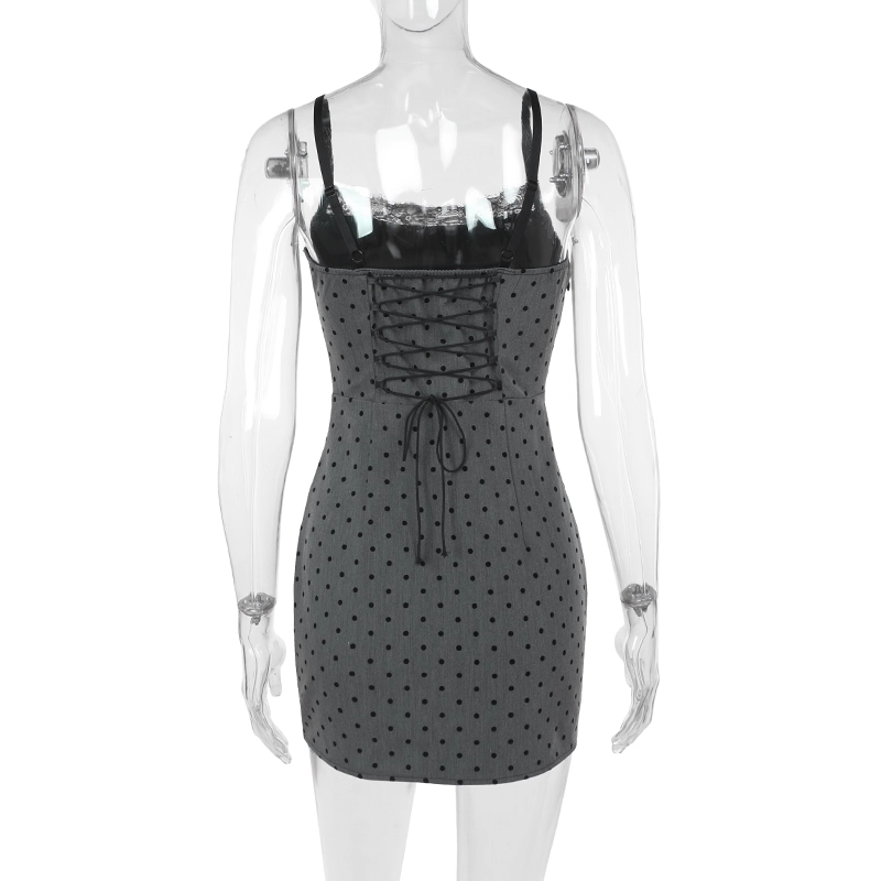 Vintage Gray Dot Pattern Spaghetti Strap Sheath Short Summer Dresses Party Dress Homecoming Dress DP6391