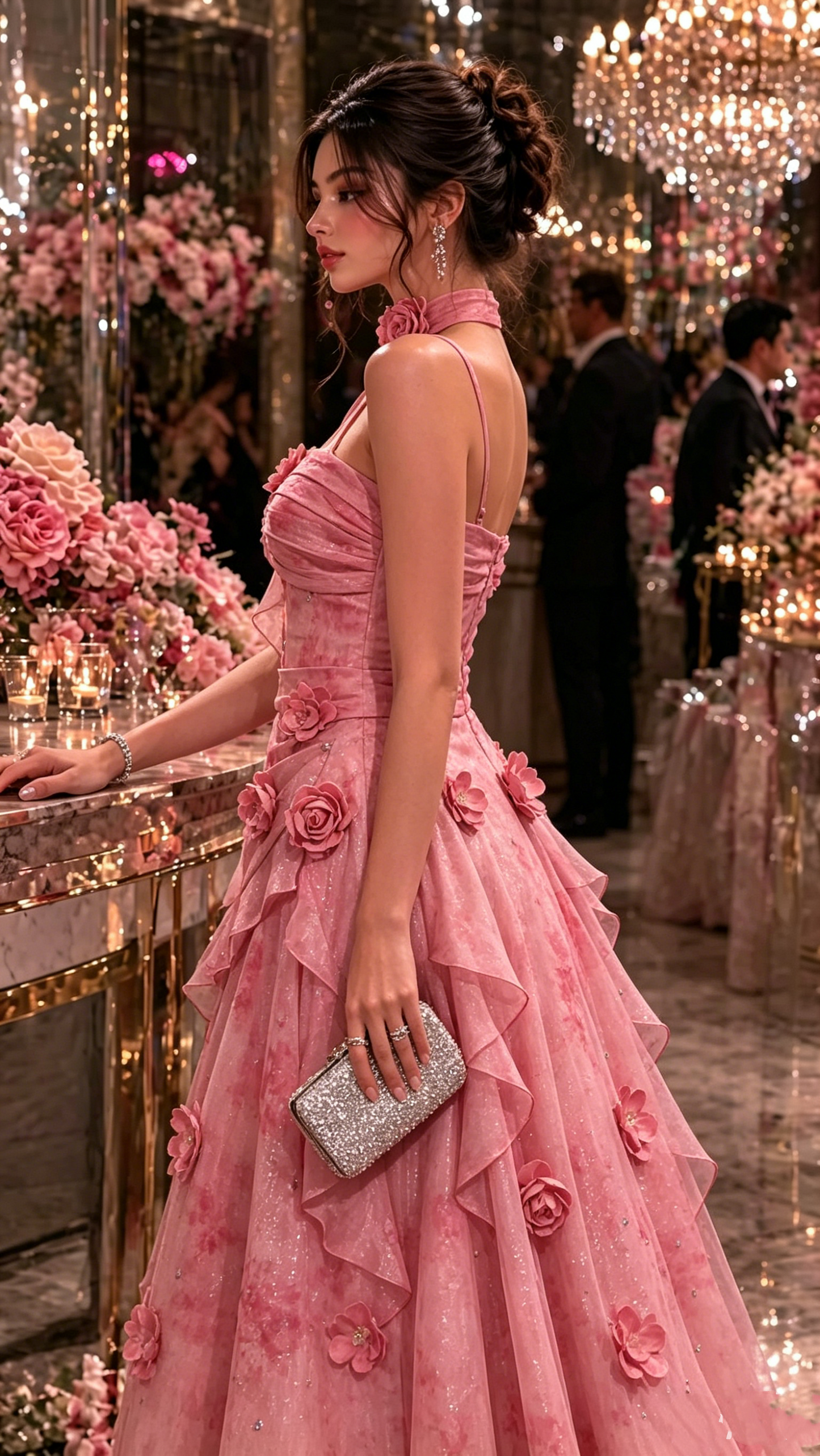 Robe de soirée glamour rose à fleurs 3D coupe trapèze à volants étagés et fines bretelles DP8405