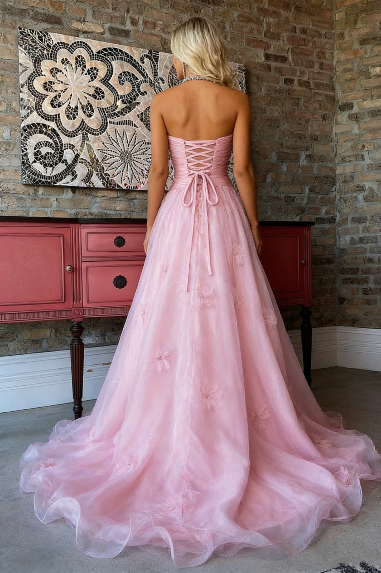 Vintage Pink Strapless Tulle Ball Gown 3D Floral Appliques Prom Dress DS2338