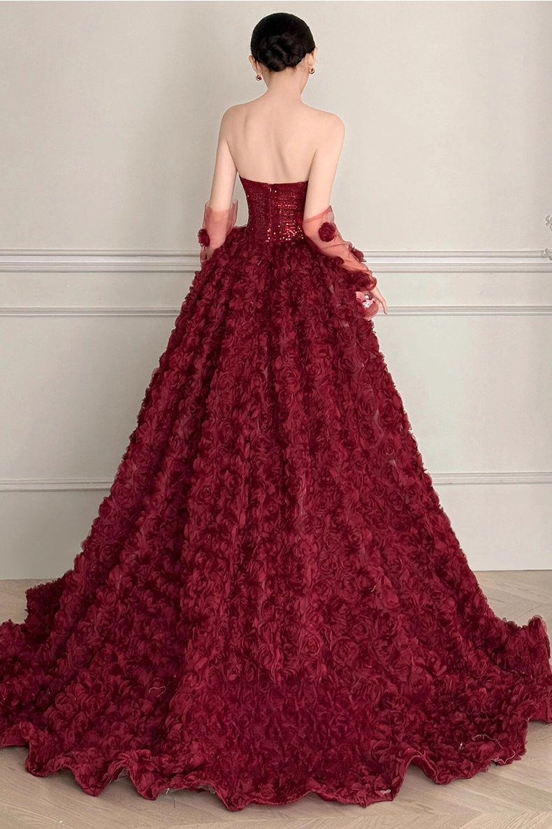 Robe de bal glamour bordeaux sans bretelles à sequins et roses 3D pour Quinceañera ou Sweet 15 DP7214