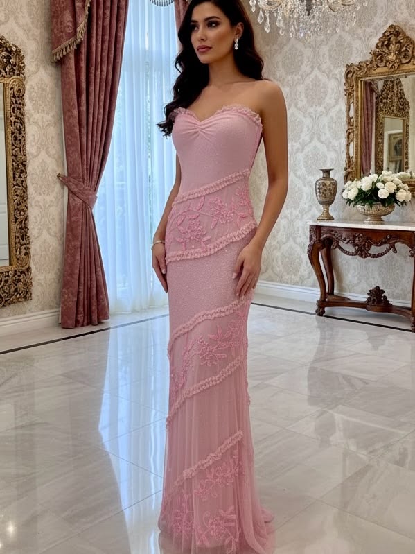 Glamorous Pink Strapless Sweetheart Mermaid Lace Applique Formal Evening Gown DP8418