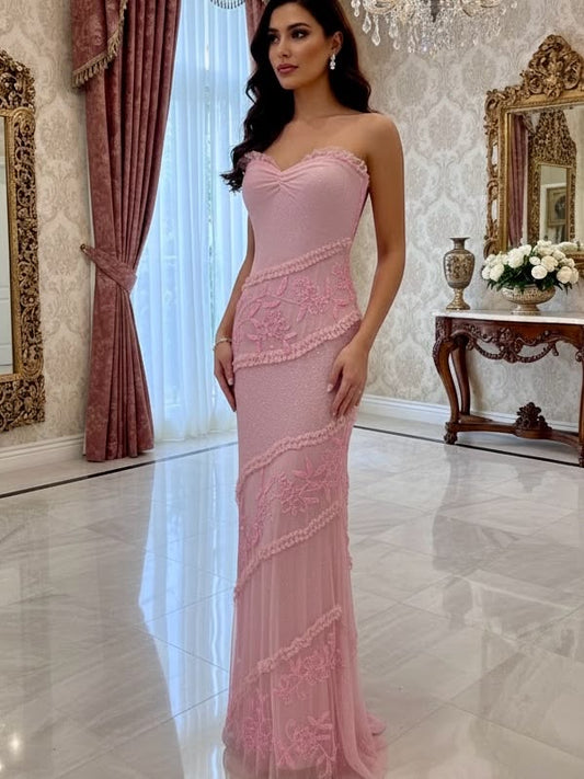 Glamouröses pinkes trägerloses Sweetheart-Meerjungfrauen-Abendkleid mit Spitze Applikation DP8418