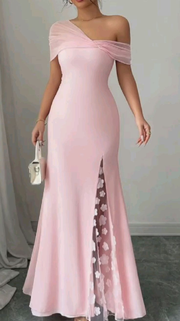 Elegant Pink Asymmetric Off-the-Shoulder Mermaid Floral Mesh Slit Evening Gown DP8583