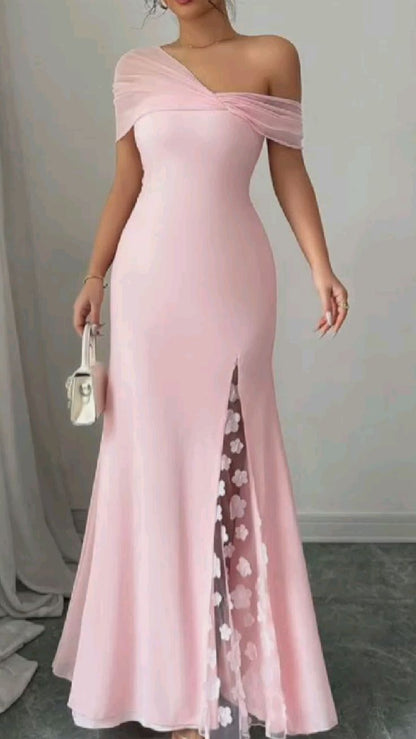 Elegant Pink Asymmetric Off-the-Shoulder Mermaid Floral Mesh Slit Evening Gown DP8583
