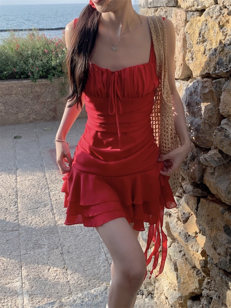 Vintage Red A-Line Tiered Homecoming Dress Party Dress Cocktail Dress DP6707