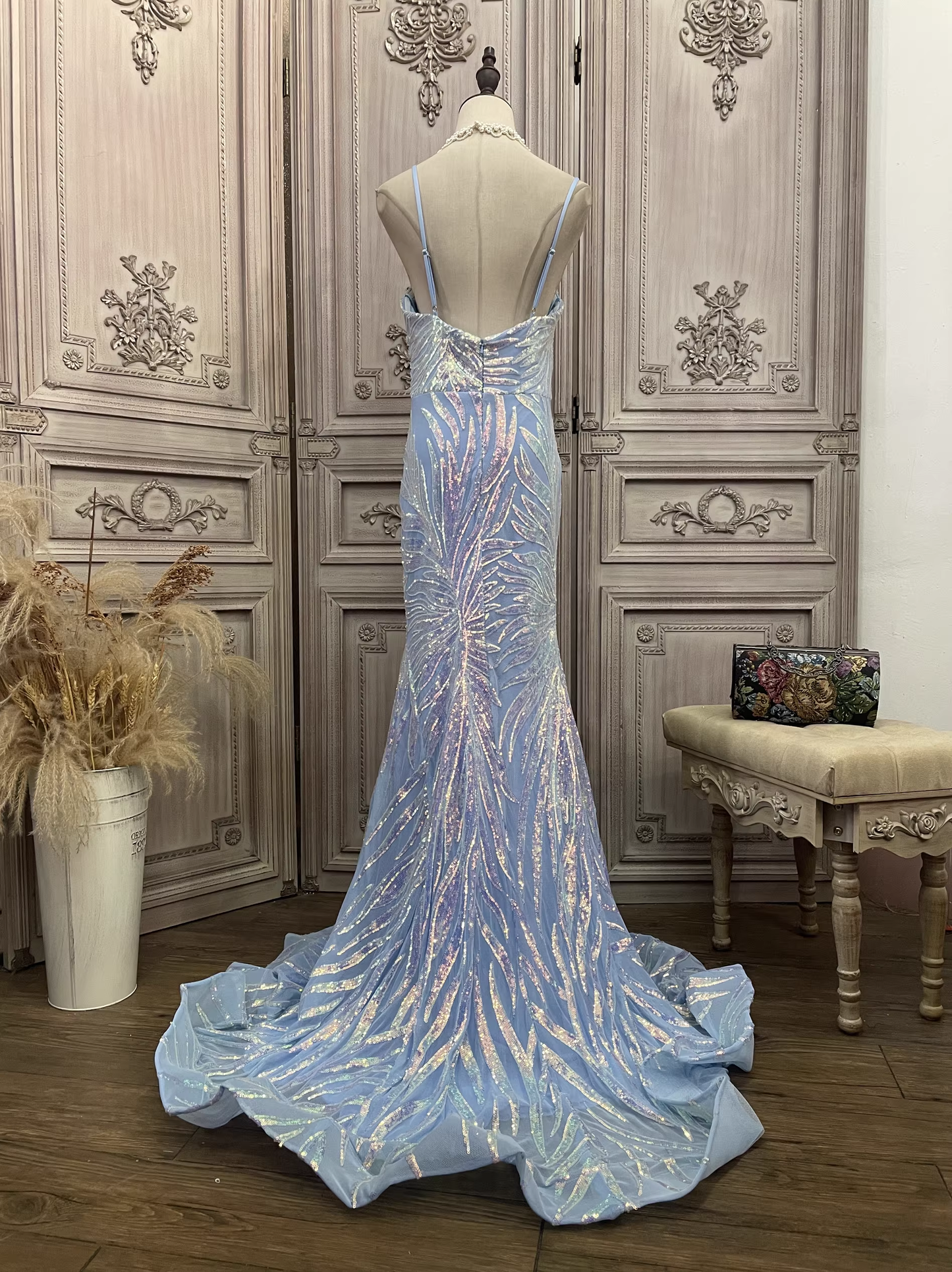 Elegant Sky Blue Iridescent Sequin Mermaid Prom Dress DP7968