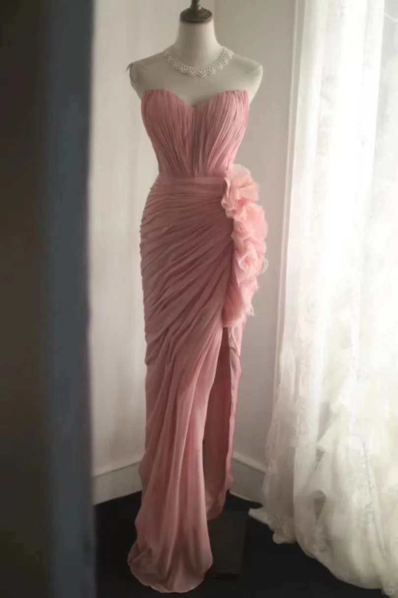 Glamorous Pink Strapless Sweetheart Ruched Ruffled Prom Dress DP7660