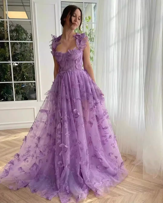 Elegant Sage Green 3D Floral Tulle Maxi High Slit Evening Dress DP8072