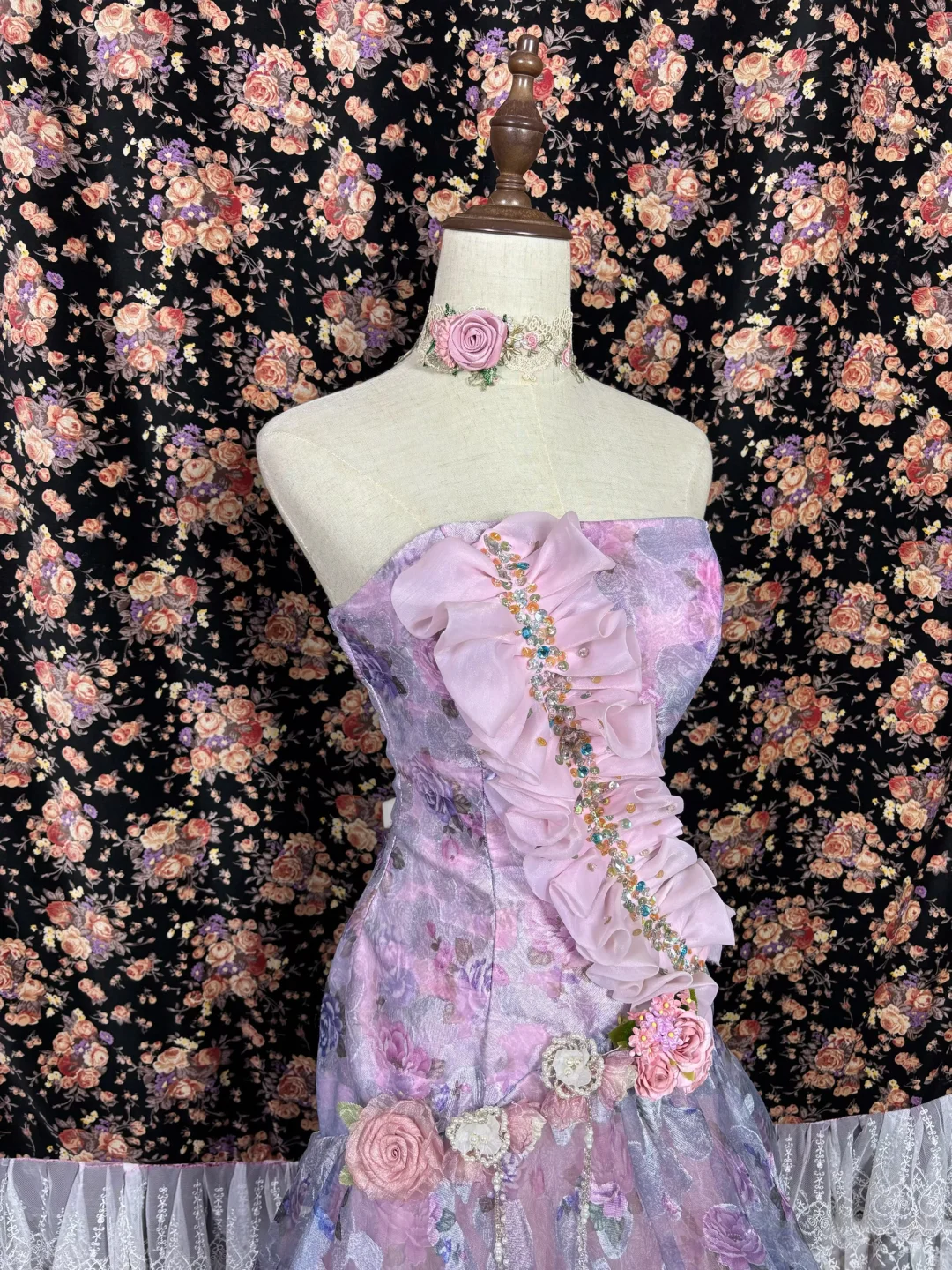 Vintage Pink Floral Strapless Ruffled Tulle 3D Rose Formal Evening Gown DP7349