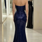 Elegant Navy Blue Sequin Cowl Neck Mermaid High Slit Sparkly Prom Dress DP8831