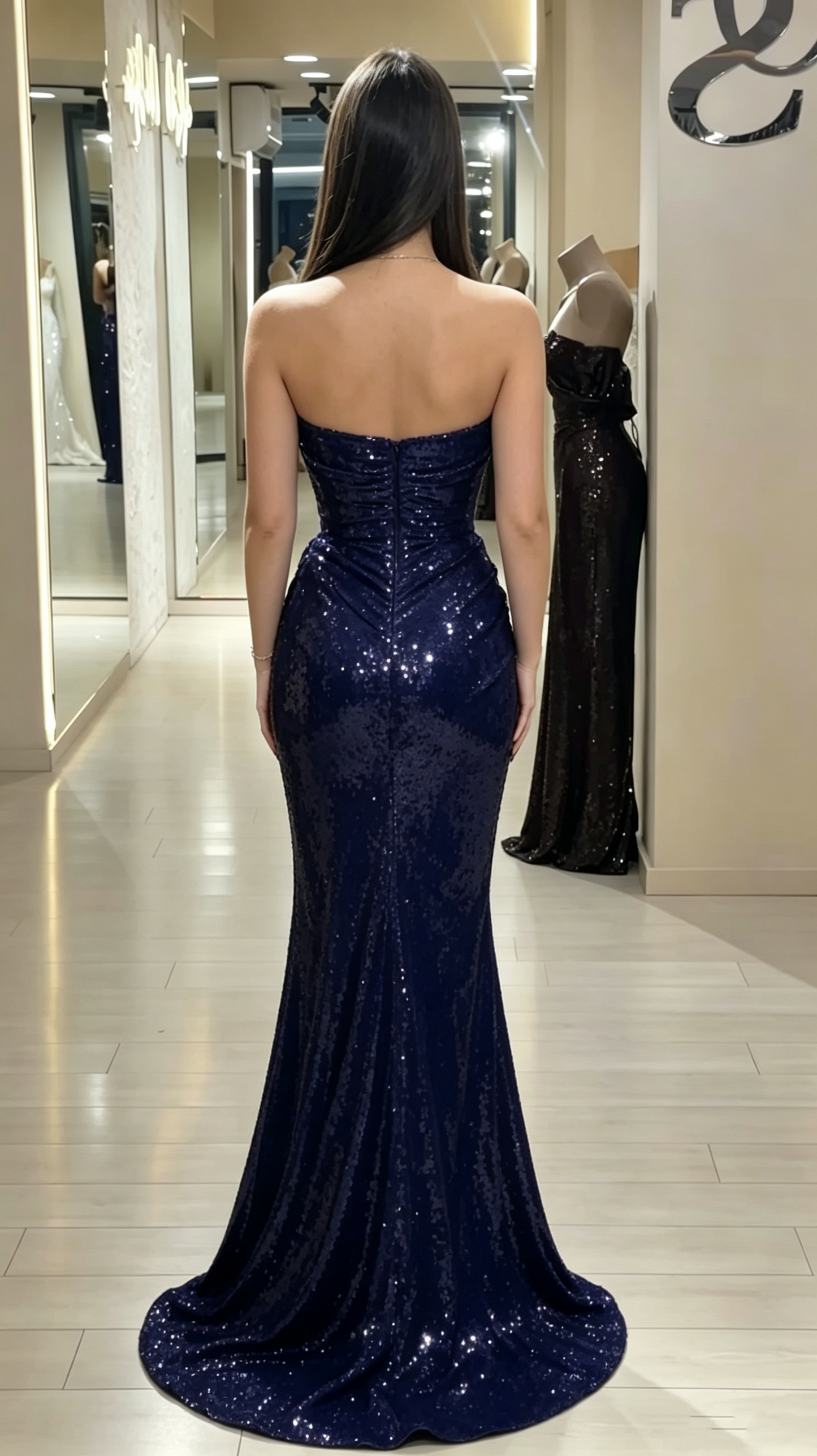 Elegant Navy Blue Sequin Cowl Neck Mermaid High Slit Sparkly Prom Dress DP8831