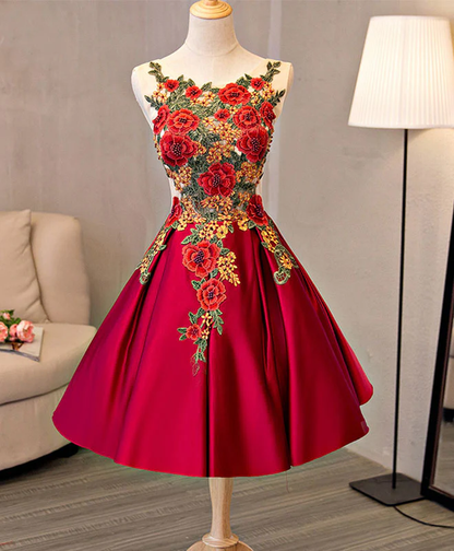 Vintage Red Floral Embroidery Design A-line Lace-up Satin Party Dress Homecoming Dress DP6070