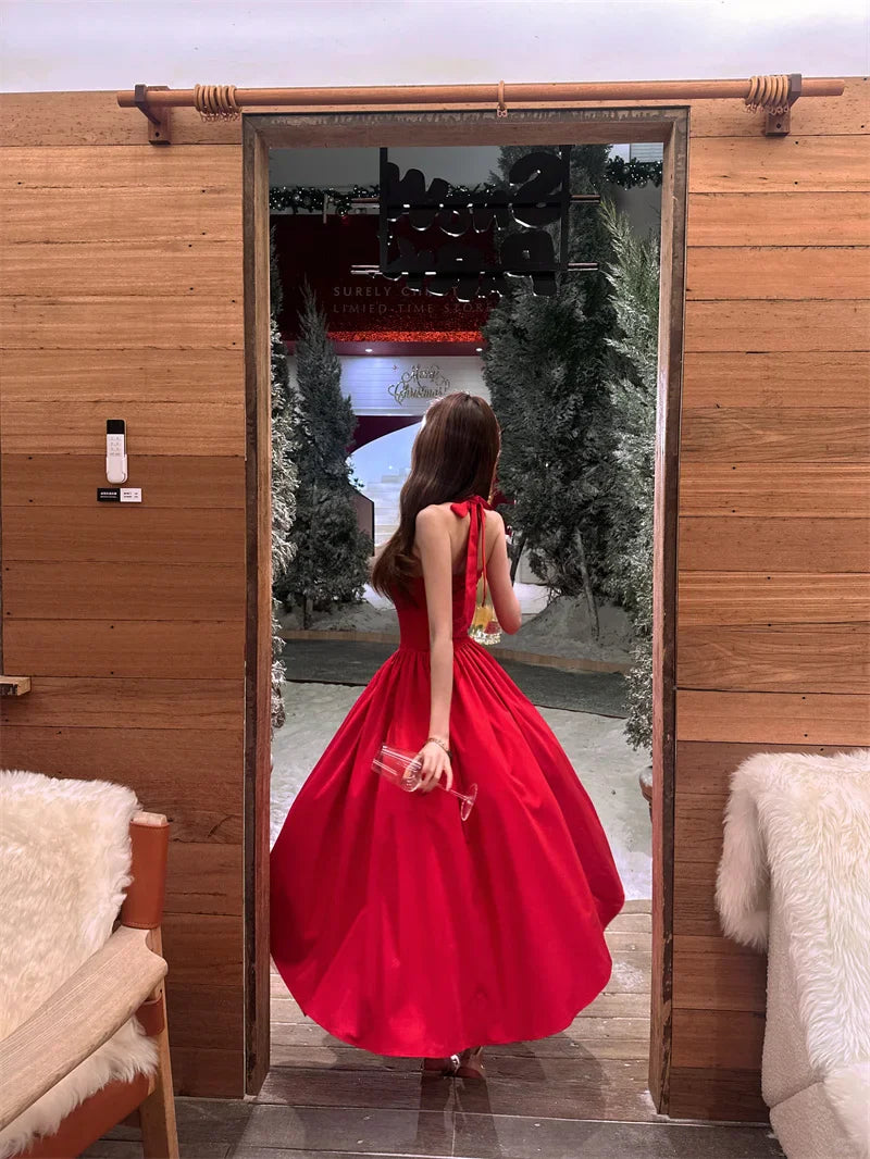Elegan Red Halter-Neck A-Line Midi Prom Dress DP8654