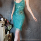 Vintage Blue-green Spaghetti Strap Sparkling Beaded Tassel Design Sheath Short Homecoming Dress DP6055