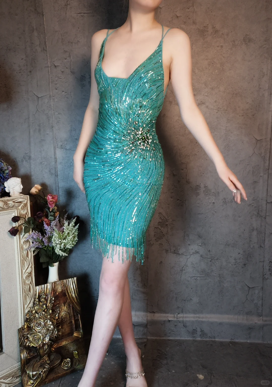 Vintage Blue-green Spaghetti Strap Sparkling Beaded Tassel Design Sheath Short Homecoming Dress DP6055