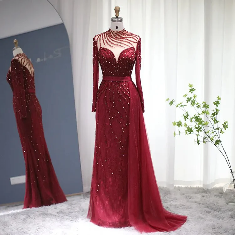 Stylish High Neck Navy Mermaid Evening Dress with Detachable Tulle Train Crystals Beads Long Prom Dress,F04833