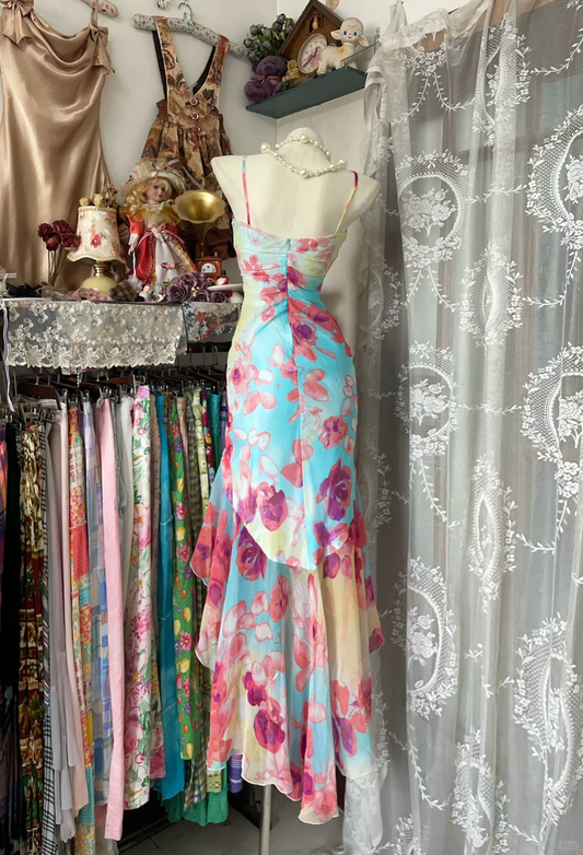 Vintage Floral Print Sweetheart Strapless Mermaid Prom Dress Evening Dress DP6379