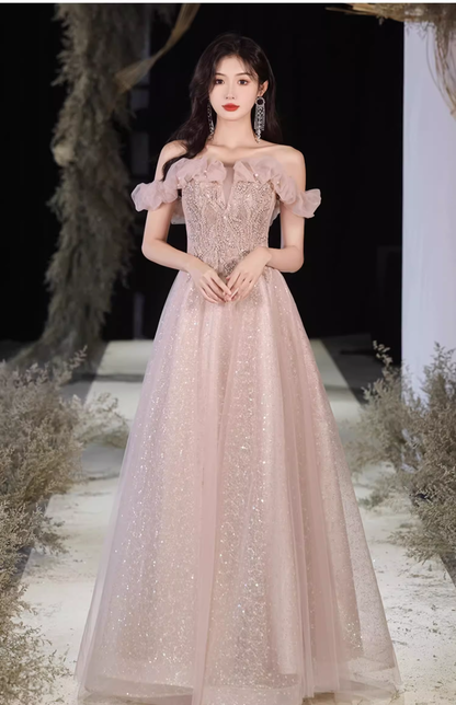 Glamorous Pink Sparkle Tulle Off-Shoulder Beaded Ruffled Evening Gown DP7465