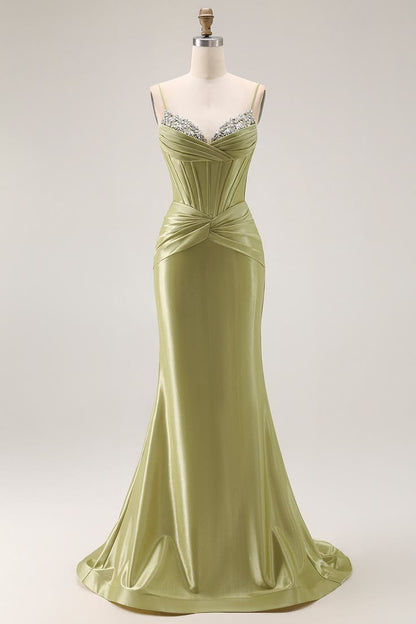 Elegant Olive Green Shiny Satin Spaghetti Strap Mermaid Beaded Sweetheart Evening Gown DP8557