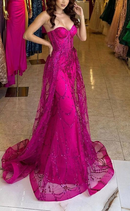 Elegant Fuchsia Strapless Sweetheart Mermaid Sparkly Sequin Lace Tulle Train Evening Gown DP8647