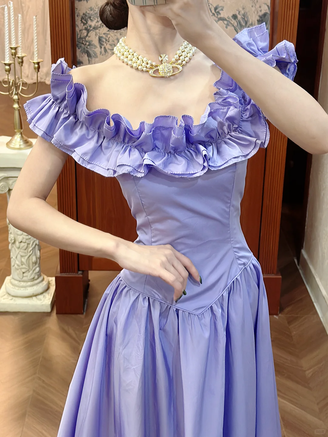 Vintage Lavendel Rüschen-Ballkleid mit Carmen-Ausschnitt für Sweet 16 Quinceañera DP7943