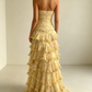Elegant Yellow Floral Strapless Tiered Ruffle Evening Gown DP8717