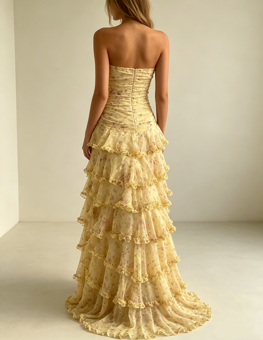 Elegant Yellow Floral Strapless Tiered Ruffle Evening Gown DP8717