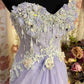 Elegant Lavender Strapless 3D Floral Applique Evening Gown Tulle Slit Prom Dress DP7966