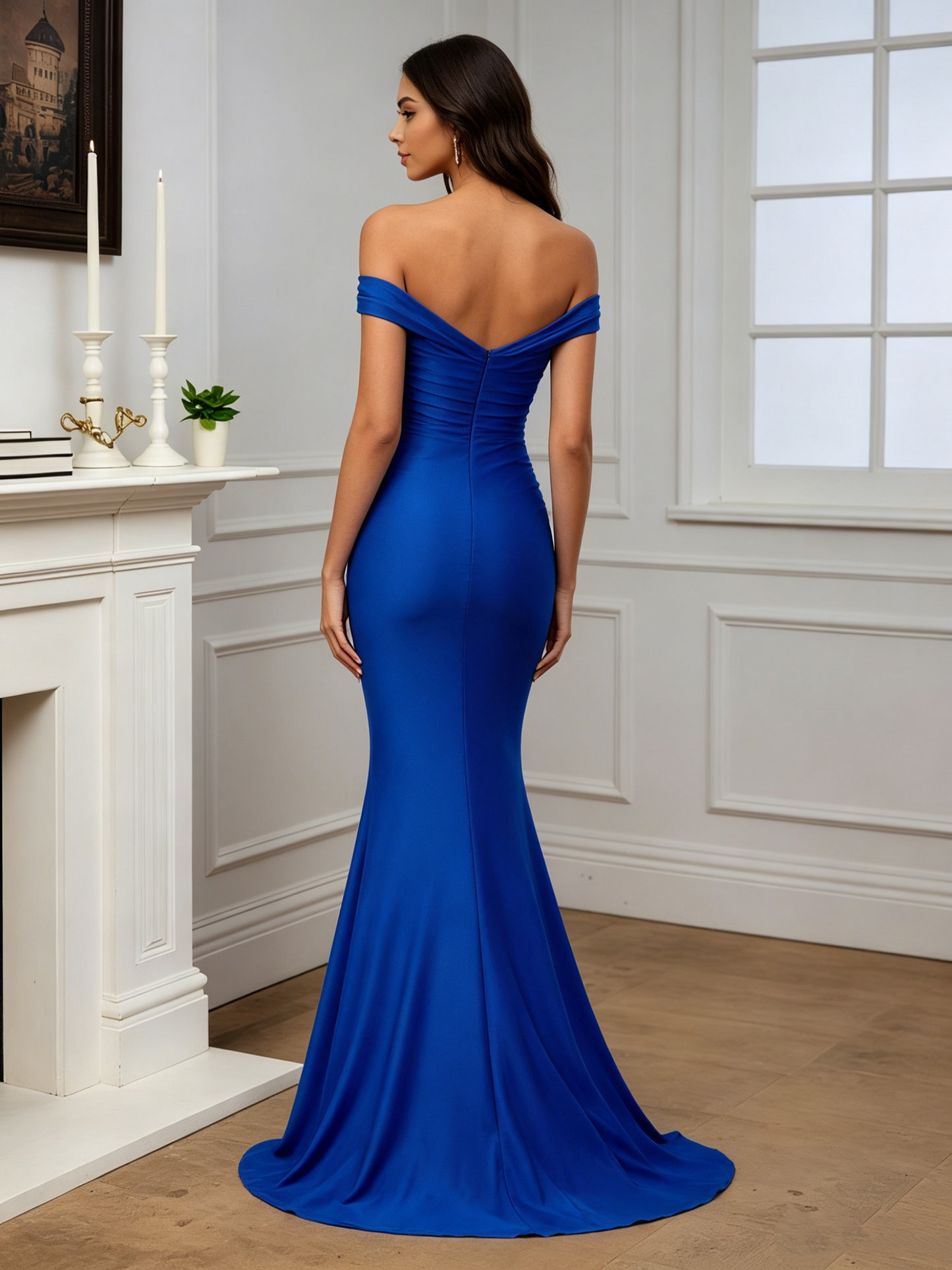 Vintage Royalblaue schulterfreie Abendrobe im Meerjungfrauen-Stil mit Raffungen DP8410