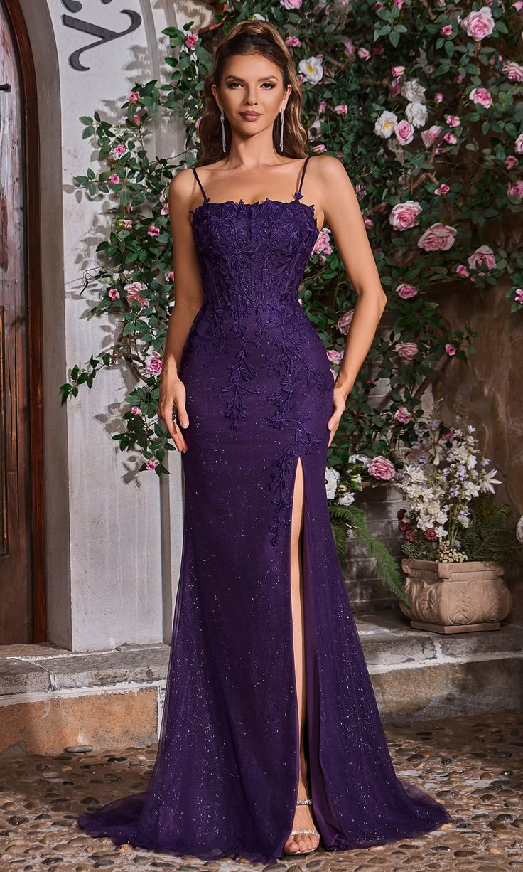 Elegant Spaghetti Strap Mermaid Floral Lace Applique & Glitter Tulle Prom Gown DP8177