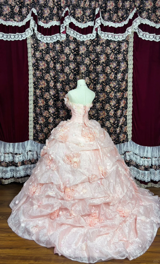 Gorgeous Pink 3D Flowers Sweet 16 Quinceanera Strapless A-Line Floor-length Prom Dress Evening Dress Ball Gown DP6416