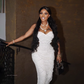 Luxury White Beaded Sequined Sheath Midi Dress with Cutout Side Evening Dress DP8099