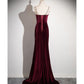 Elegant Burgundy Velvet Mermaid Floral Rhinestone Straps Prom Dress DP8477