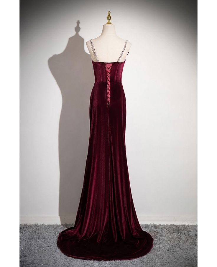 Elegant Burgundy Velvet Mermaid Floral Rhinestone Straps Prom Dress DP8477