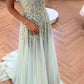 Glamorous Dusty Blue Embroidered Lace Prom Dress Tulle Beaded Evening Gown DP7914