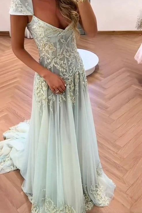 Glamorous Dusty Blue Embroidered Lace Prom Dress Tulle Beaded Evening Gown DP7914
