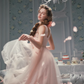Vintage Pink Tulle Midi 3D Floral Applique Evening Gown DP8001