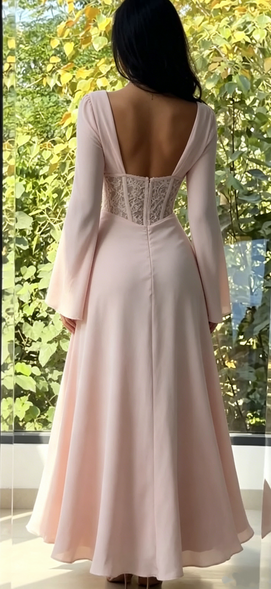 Elegant Pink Chiffon Cowl Neck Long Sleeve Lace Corset A-Line Evening Gown Party Dress DP8579