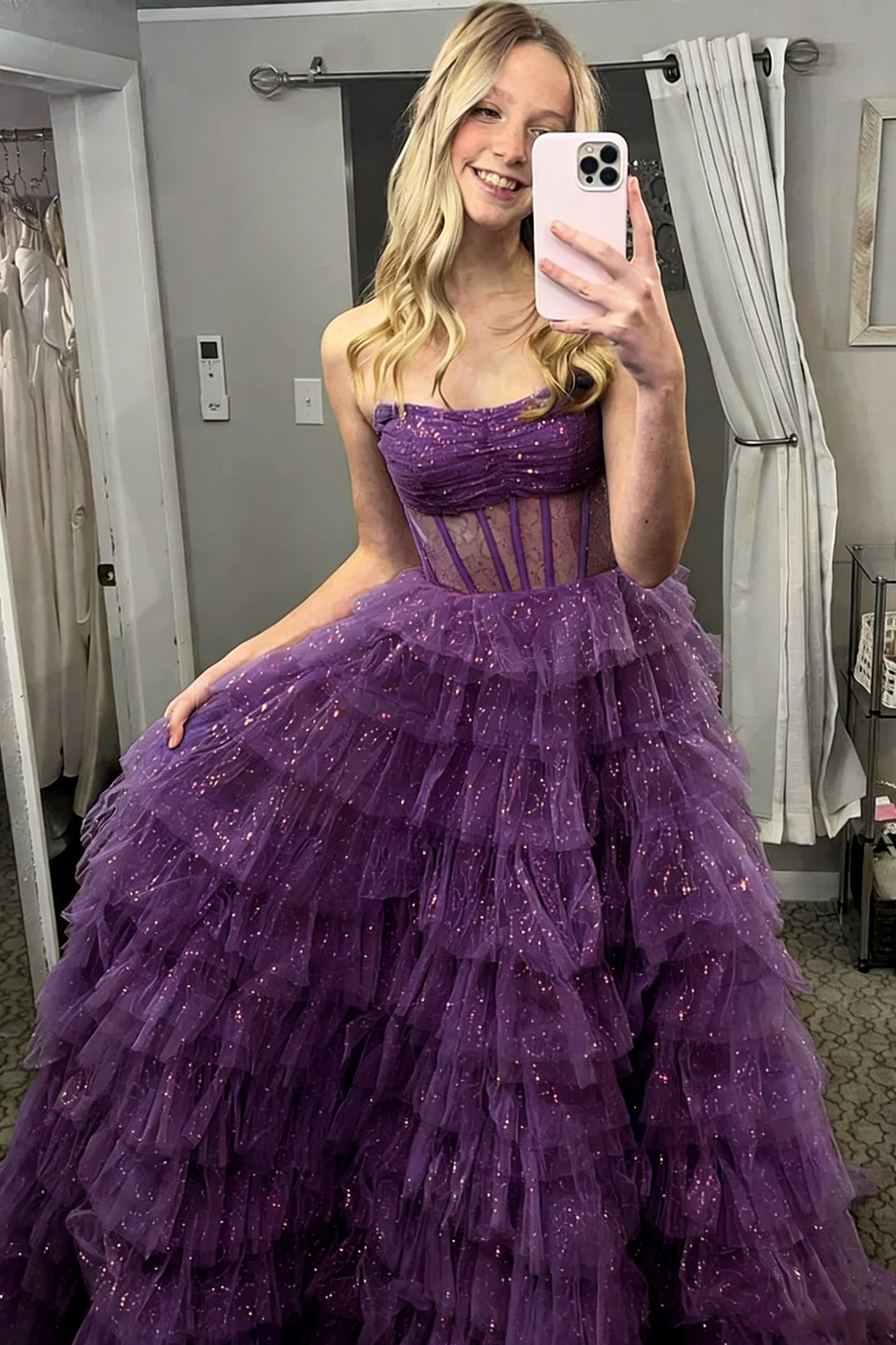 Cute Sequin Tiered Tulle Strapless Corset Prom Dress Evening Dress Ball Gown DP1392