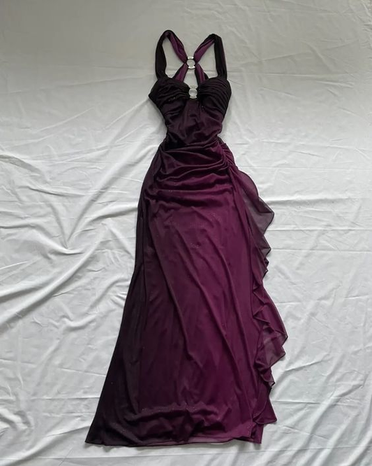 Purple Sweatheart Shiny Ruffle Vintage Long Party Dress, DP2518