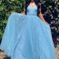 Shiny V Neck Open Back Blue Long Prom Dresses Formal Evening Dresses,DP0244