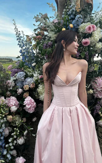 Elegant Pink Sweetheart Strapless Corset Satin Floor Length Ball Gown DP8662