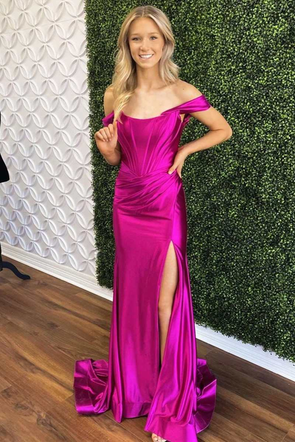 Magenta Satin Off-the-Shoulder Mermaid Long Formal Dress with Slit,DP050