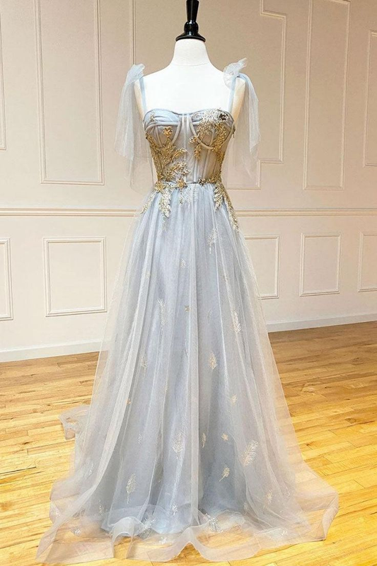 Charming Grey Tulle Appliques Long Prom Dress Formal Dress With Lace Up,DP0160