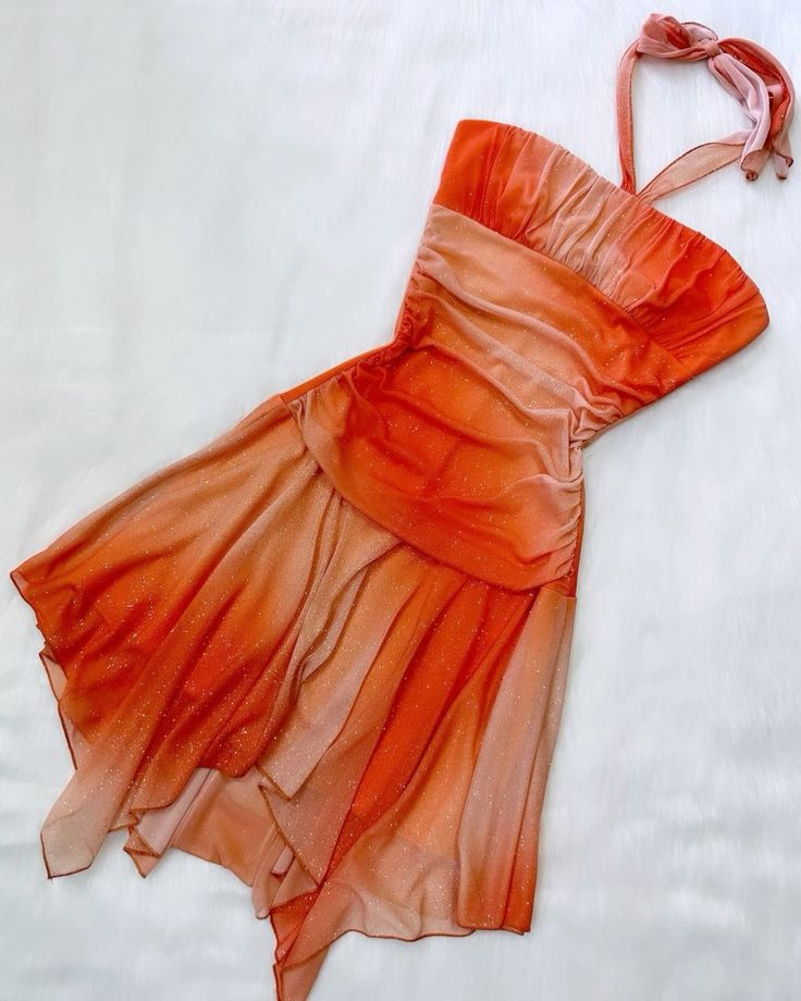 Orange Sunset Gradient Halter Ruffles Vintage Short Party Dress, DP3659