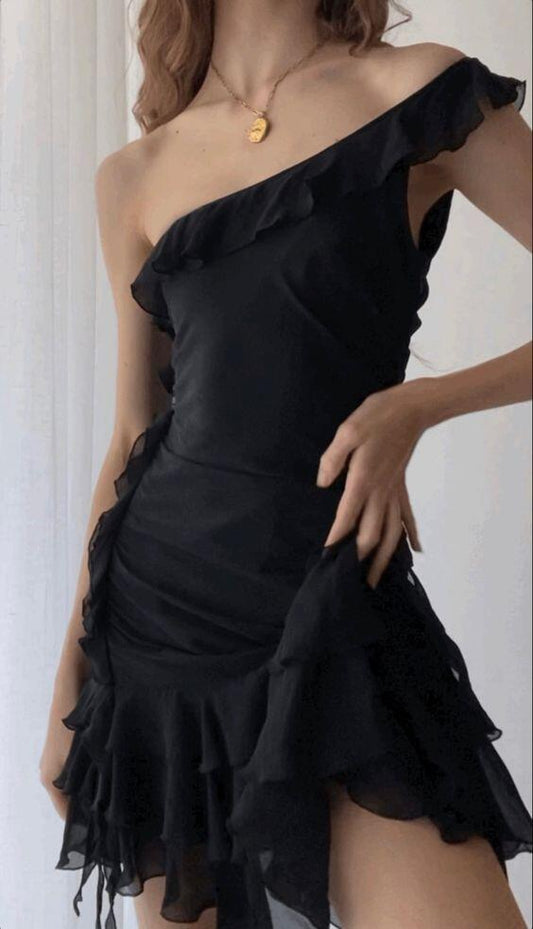 Black One Shoulder Sheath Ruffles Short Party Dress Hoco Dress, DP2994