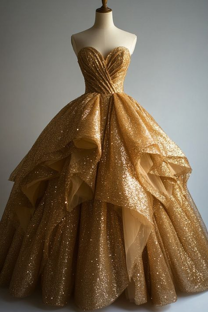 Glamouröses, goldglitzerndes, trägerloses, gestuftes Rüschen-Prinzessinnenkleid für Sweet 15, Quinceañera, Ballkleid DP5244