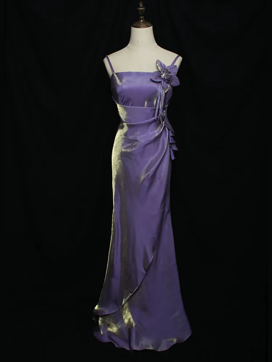 Purple Straps Vintage Floral Elegant Evening Gown Long Party Dress, DP3145