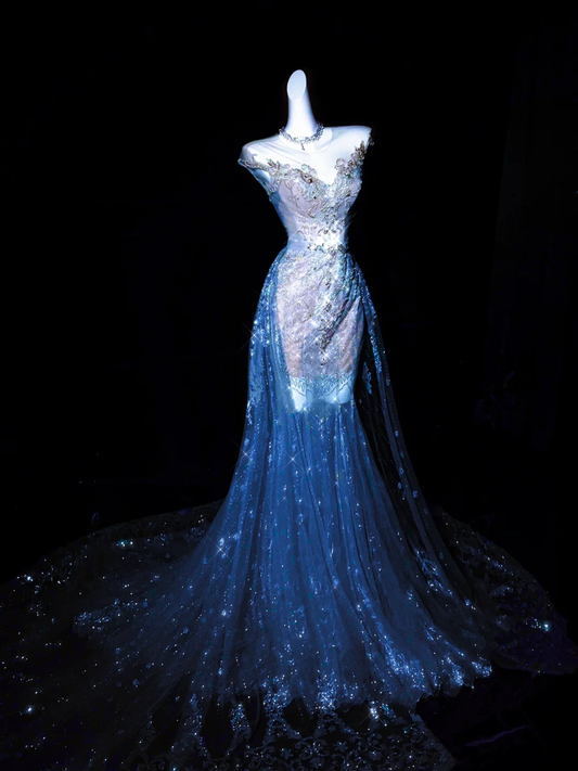 Gorgeous Blue Sleeveless Mermaid Tulle Beaded Long Prom Dress Evening Gown, DP5443