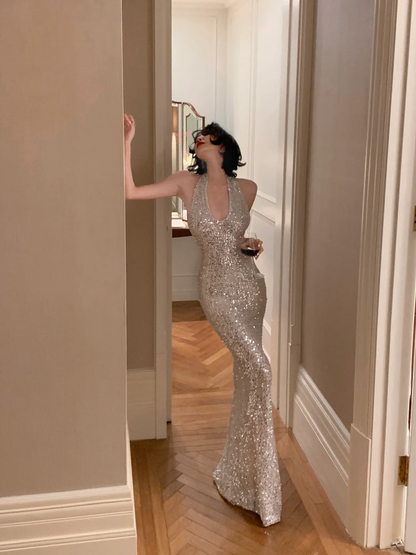 Sexy Silver Halter Neck Backless Mermaid Sequins Long Evening Party Dress, DP5413